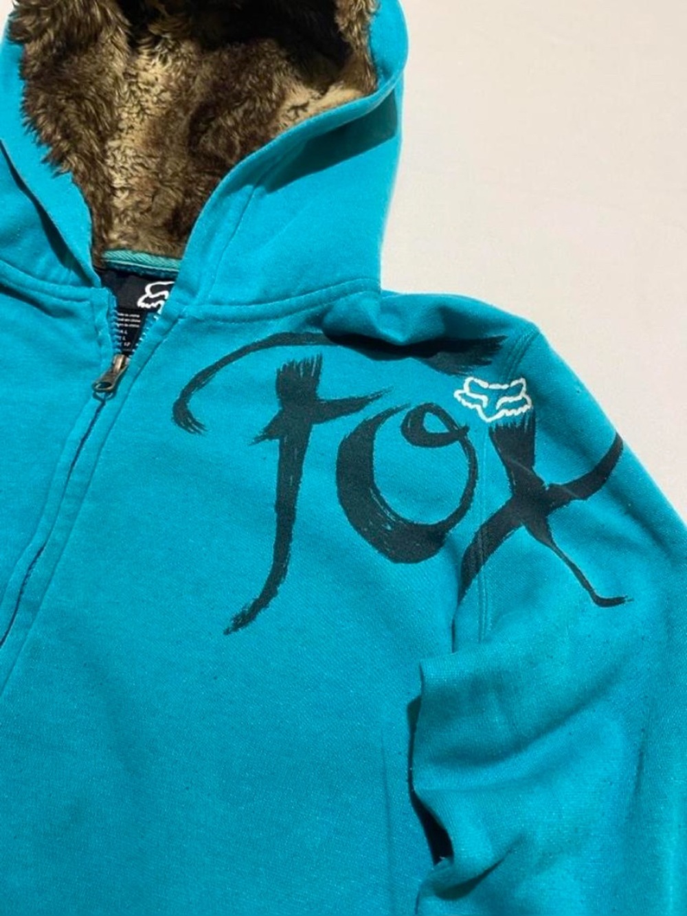 Fox Teal Hoodie Jacket with Brown Sherpa Hood Lining - Picture 3 of 6